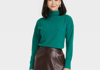 Women's Dark Green Long Sleeve T-Shirt - A New Day Mock Turtleneck M