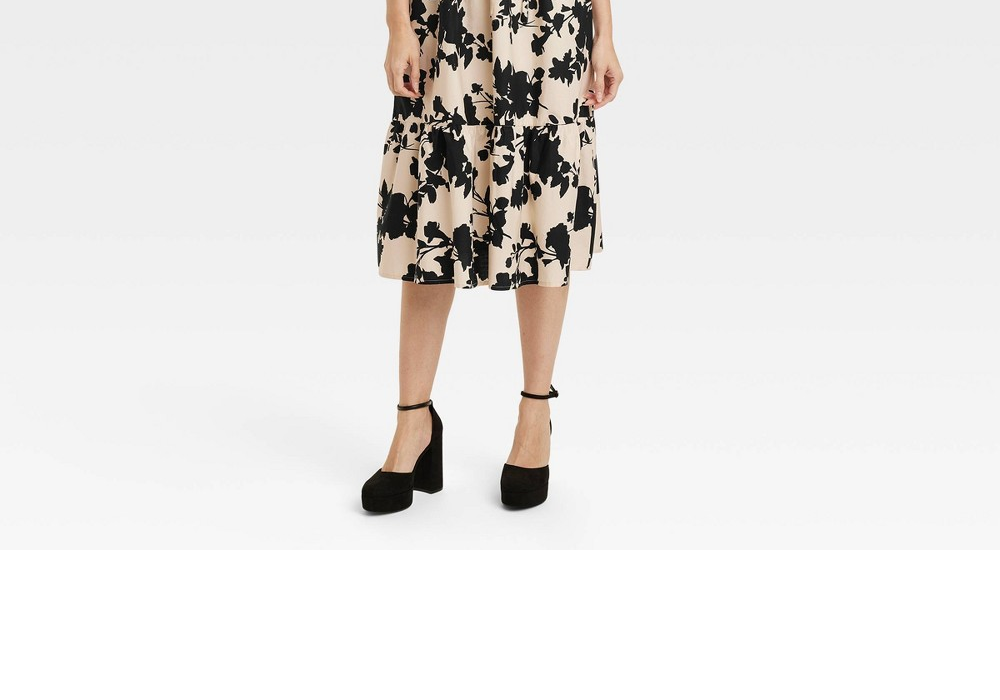 A New Day Beige Black Floral Midi Dress Women's Flutter Sleeve Size XS