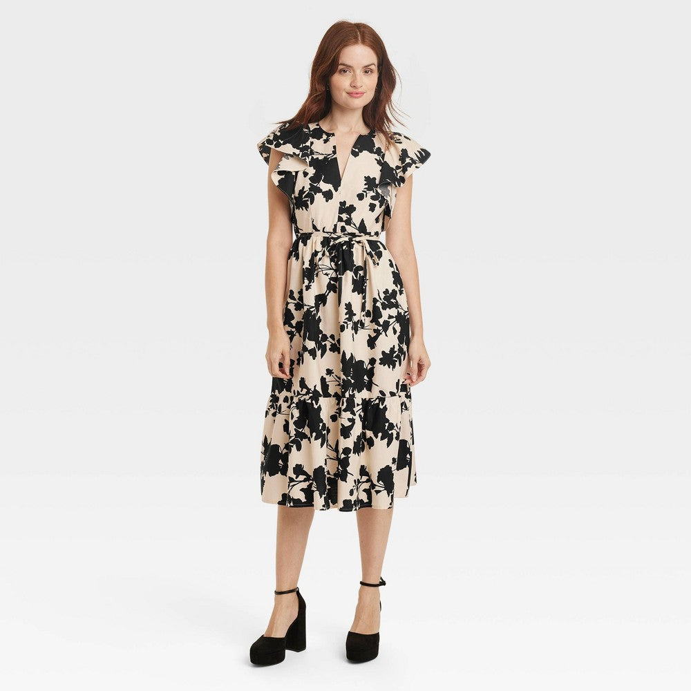 A New Day Beige Black Floral Midi Dress Women's Flutter Sleeve Size XS