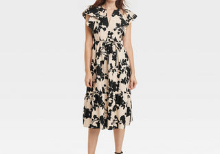 A New Day Beige Black Floral Midi Dress Women's Flutter Sleeve Size XS
