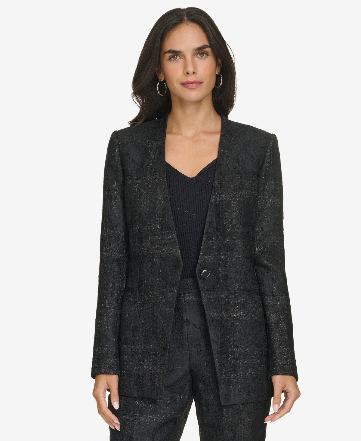 Calvin Klein Womens Collarless Metallic Jacquard Blazer Black
