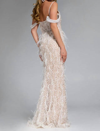 Jovani - Feathered Plunge Gown With Dazzling Embellishments