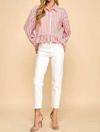 Tcec - Striped Button Up Ruffled Hem Shirt