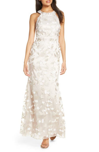 Eliza J Floral Appliqué Trumpet Gown  BeigeWhite
