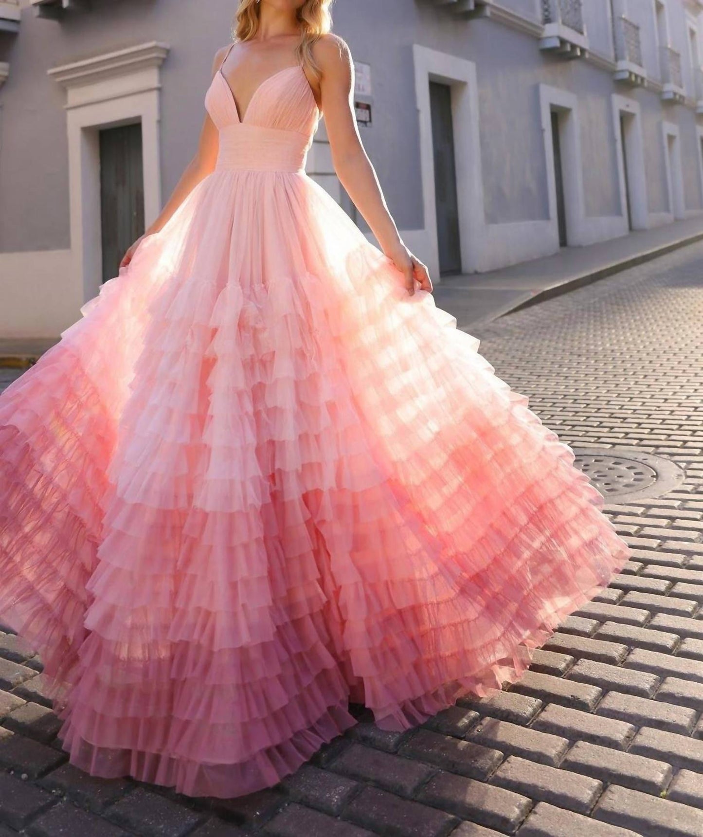 Nox Anabel - Spaghetti Strap Ruffled gown with a slit