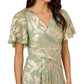 Adrianna Papell - Foiled Leaf Print Surplice V-neck Short Flutter Sleeve Gown