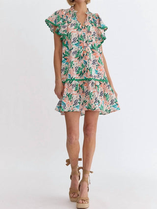 Entro - Leaf Print V-Neck Mini Dress