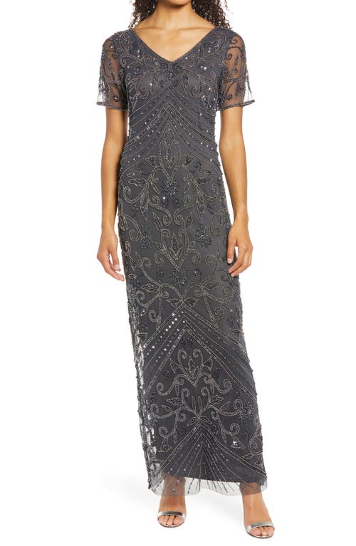 Pisarro Nights Beaded Mesh Gown - Grey