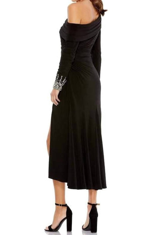 Mac Duggal - Foldover Long Sleeve Jeweled Midi Dress