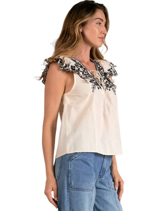 Elan - Embroidered Flutter Top