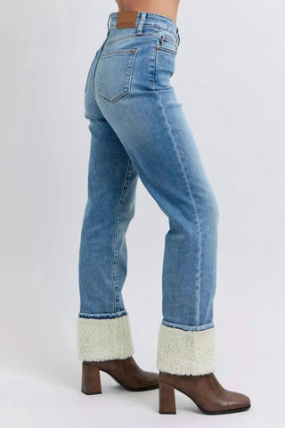 Judy Blue - High Waist Shearling Cuff Straight Denim Jeans