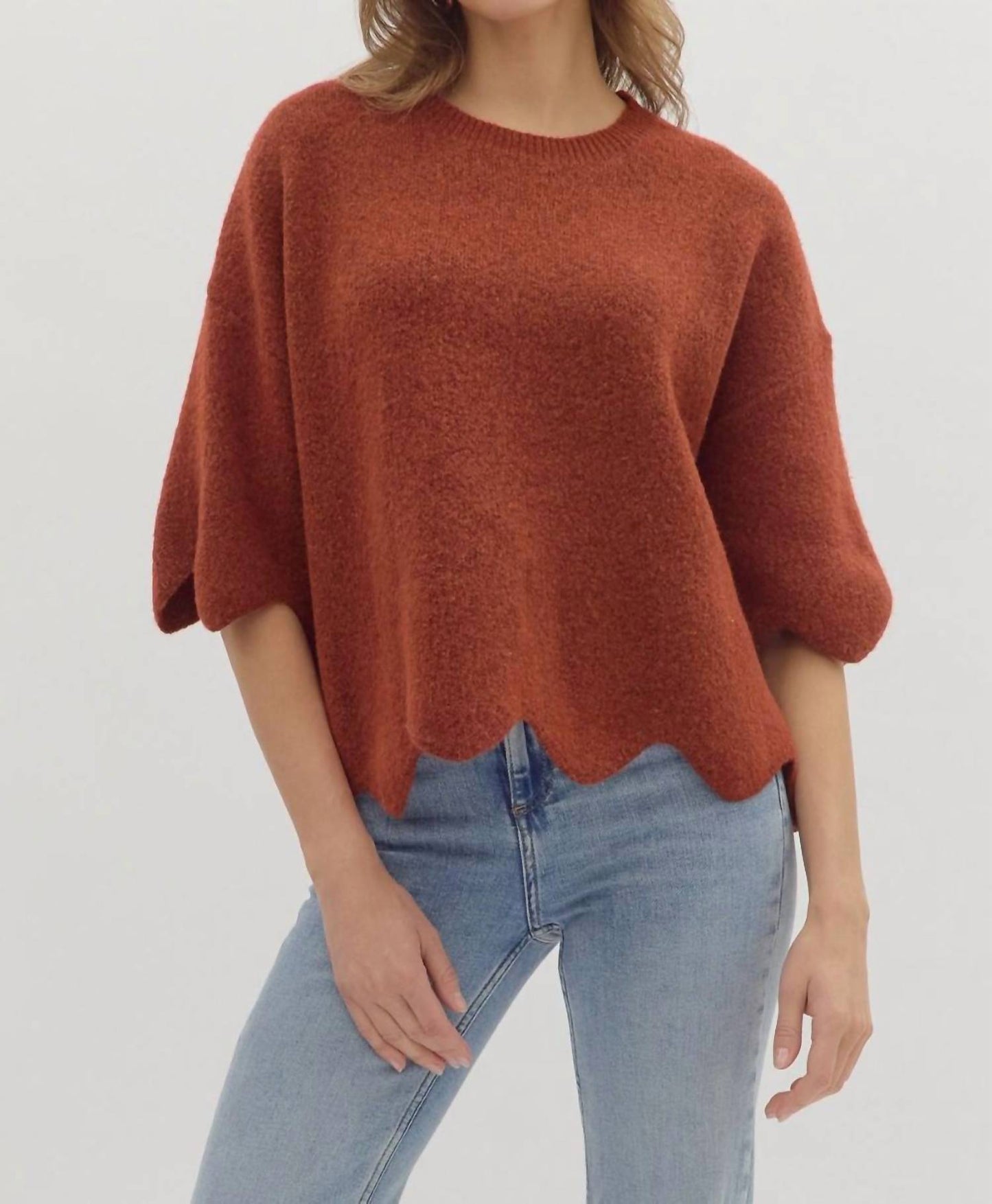 Entro - Scallop Hem Knit Relaxed Sweater