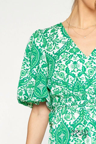 Entro - Francesca Green Ornate Print Puff Sleeves Ruffle Dress