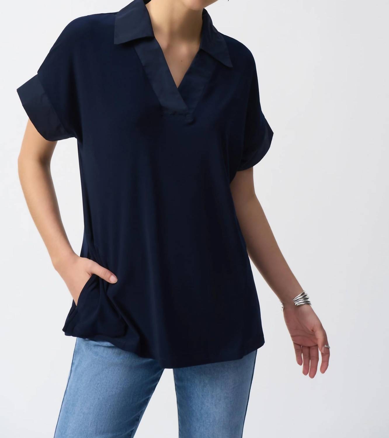 Joseph Ribkoff - Collared V-neck Short Sleeve Top