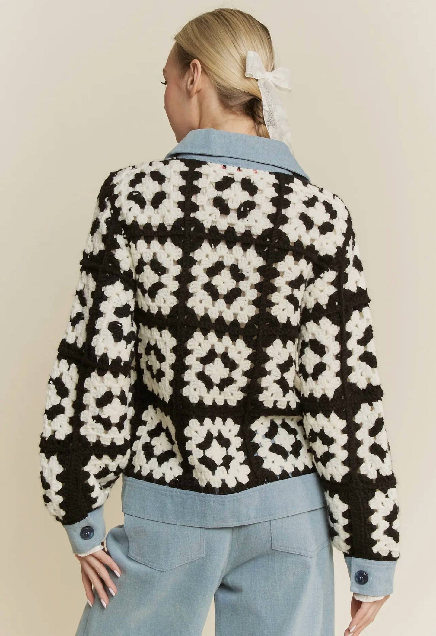 Davi & Dani - Crochet Bodice & Denim Detail Button Front Shirt Jacket