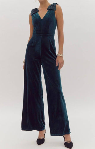 Entro - Velvet Sequin Bow Shoulder Jumpsuit