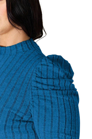 Trendsi - Ribbed Mock Neck Top With Puff Sleeves