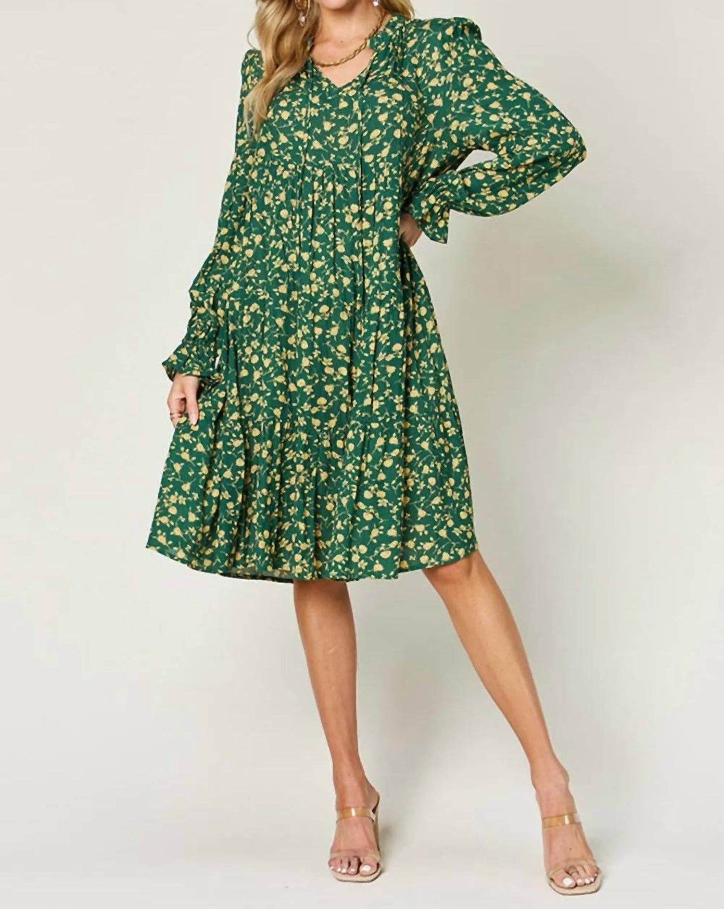 Double Take - Full Size Printed Ruffle Hem Long Sleeve Tiered Dress
