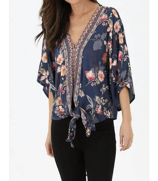 Nostalgia - V Neck Tie Waist Kimono Sleeve Blouse
