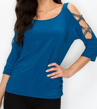 Perseption Concept - Rhinestone Cutout Sleeve Top