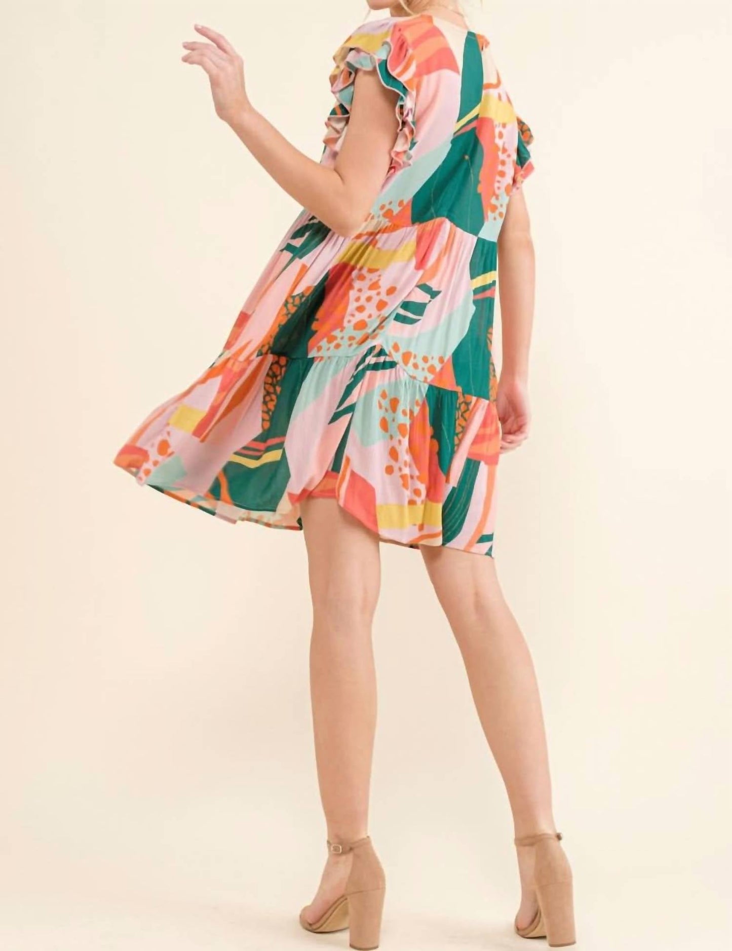 And The Why - Printed Double Ruffle Sleeve Dress