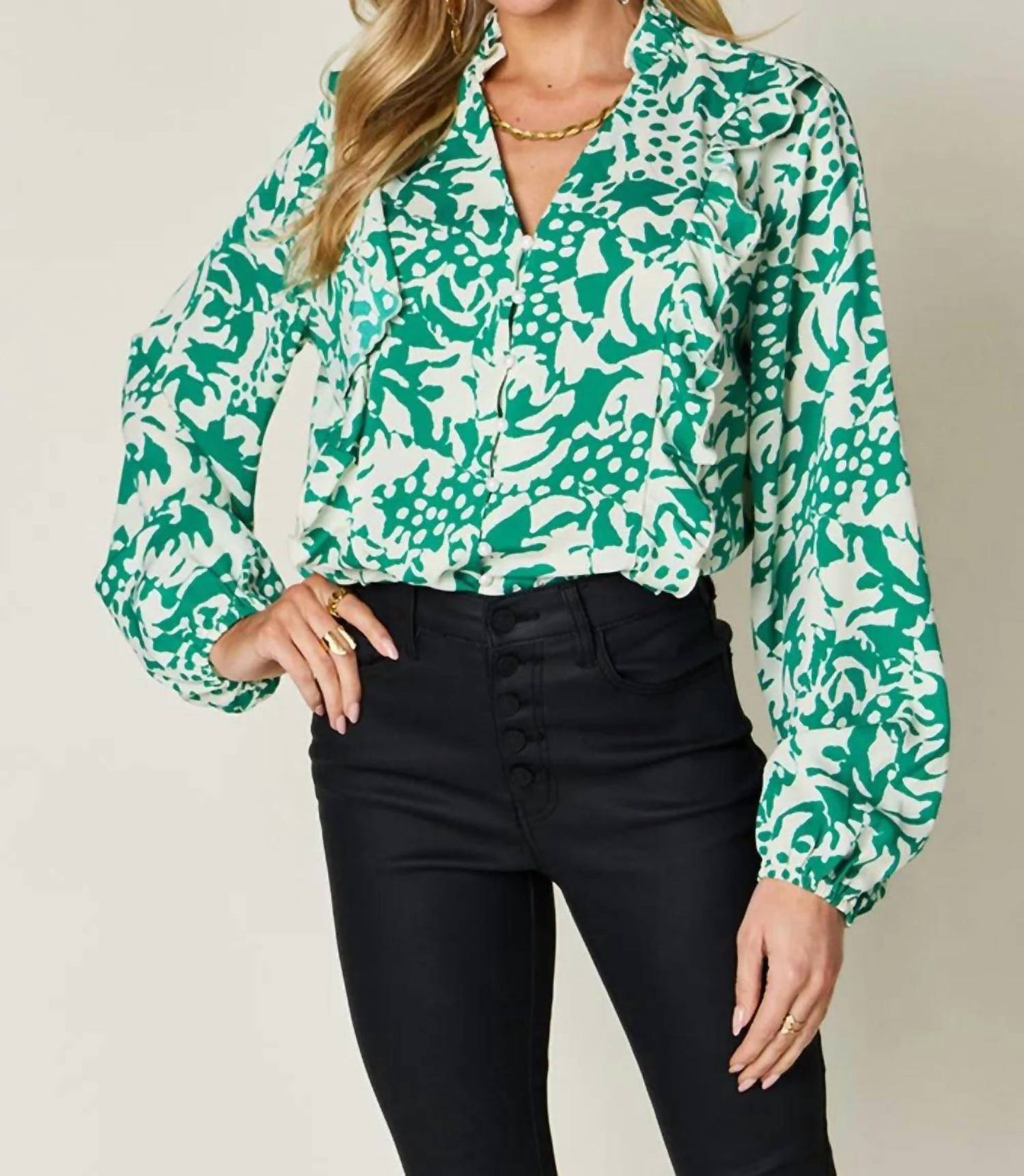 Double Take - Full Size Printed Ruffle Trim Balloon Sleeve Shirt