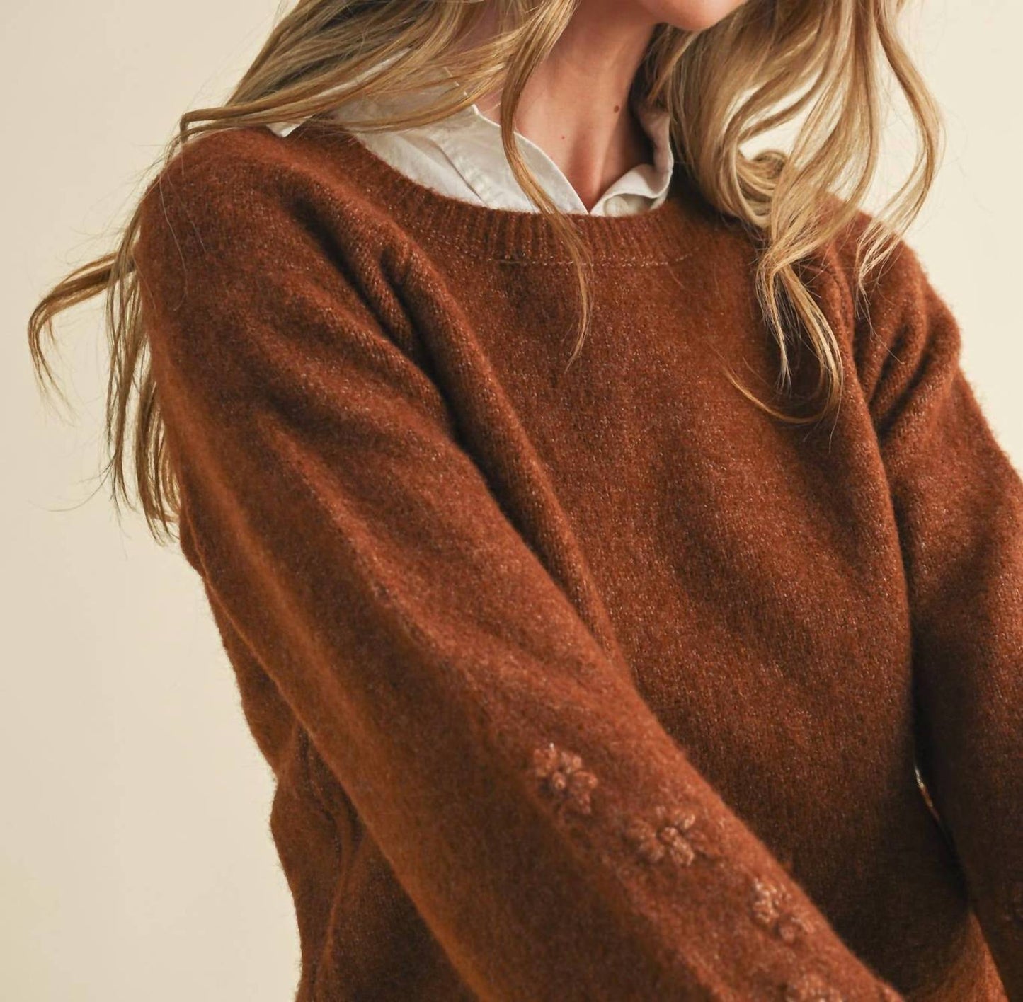 &Merci - Floral Knit Puff Sleeve Sweater