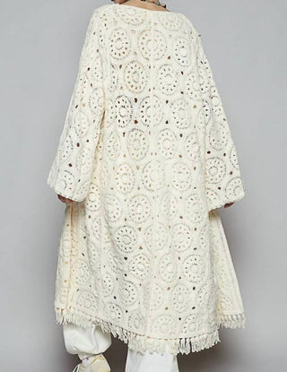 Pol - Crochet Fringe Open Front Longline Cardigan