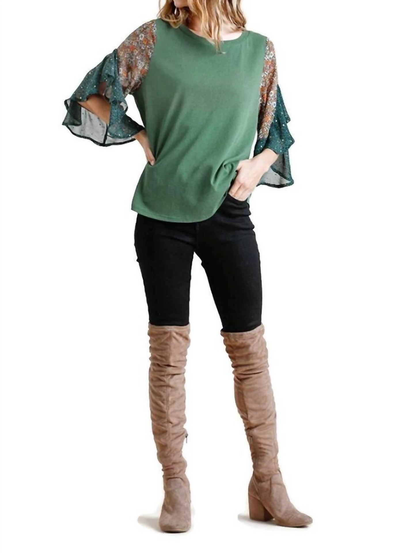 Umgee - Floral & Animal Bell Sleeve Top