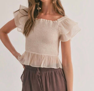 Sage The Label - Blurred Smocked Ruffle Peplum Top