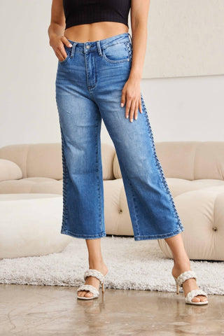 Judy Blue - High Waist Braided Detail Crop Wide Leg Jeans