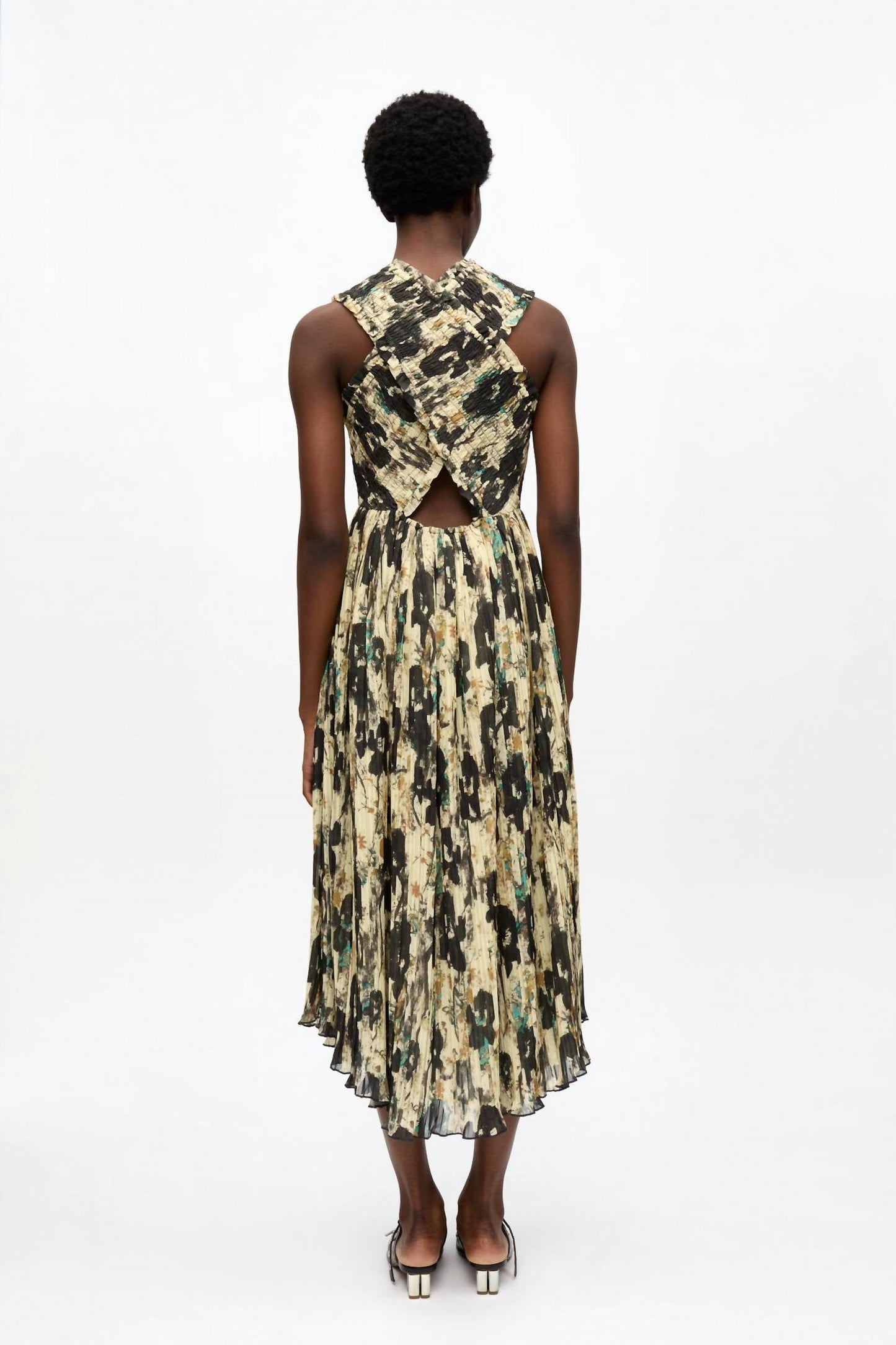 Ganni - Printed Pleats Smock Midi Straps Dress