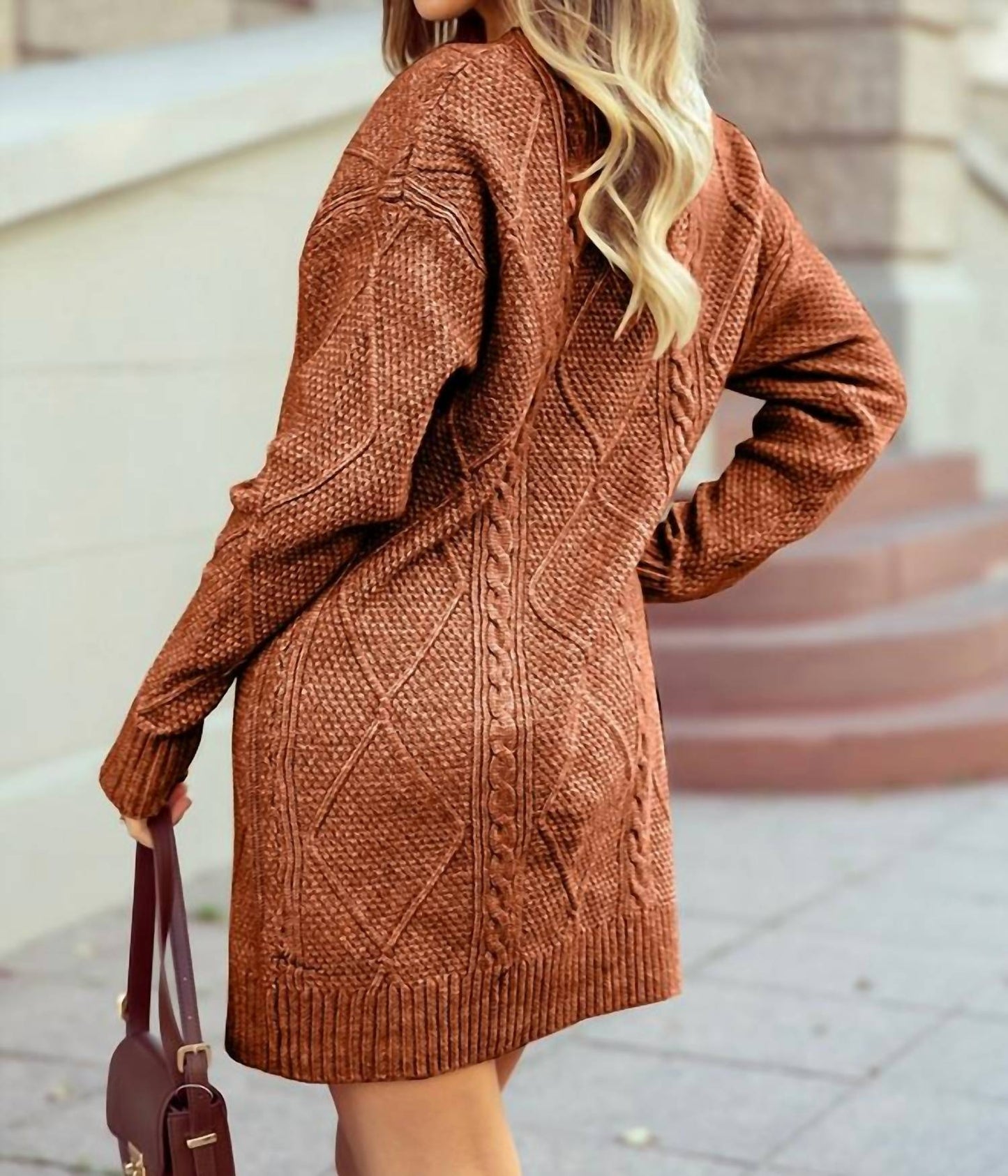 1 The Woman - Cable Knit Drop Shoulder Loose Fit Sweater Dress