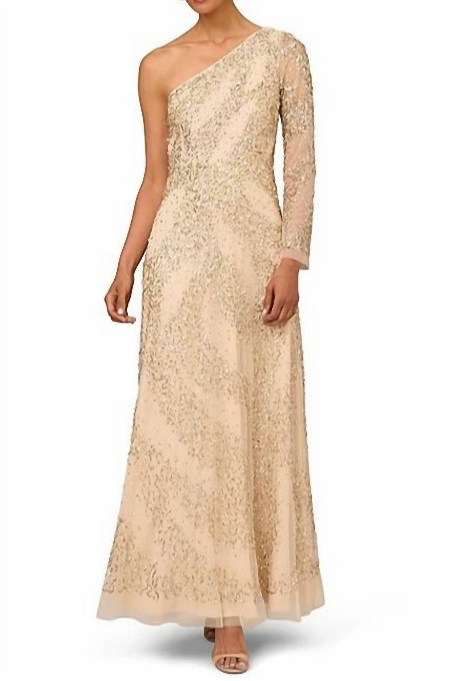 Aidan Mattox - Beaded One Shoulder Long Sleeve A-line Gown