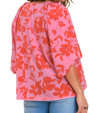 Umgee - Floral Boat Neck High Low Split Hem Top