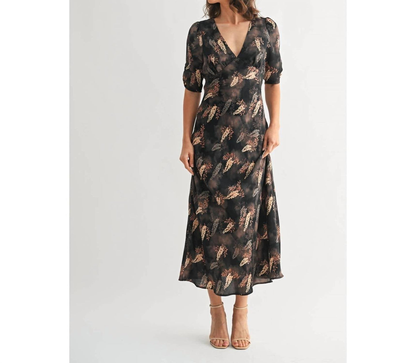 Fun 2 Fun - Leaf Print Satin Midi Dress