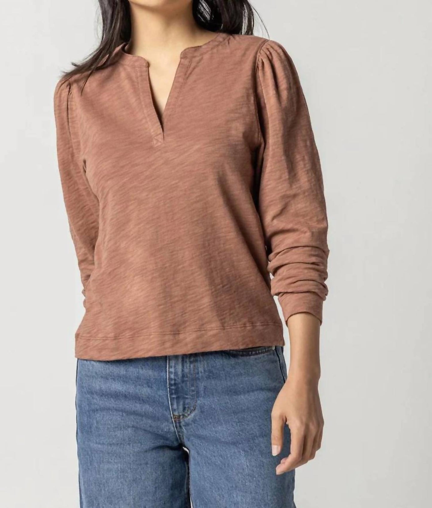 Lilla P - Shirred Long Sleeve Split Neck Top
