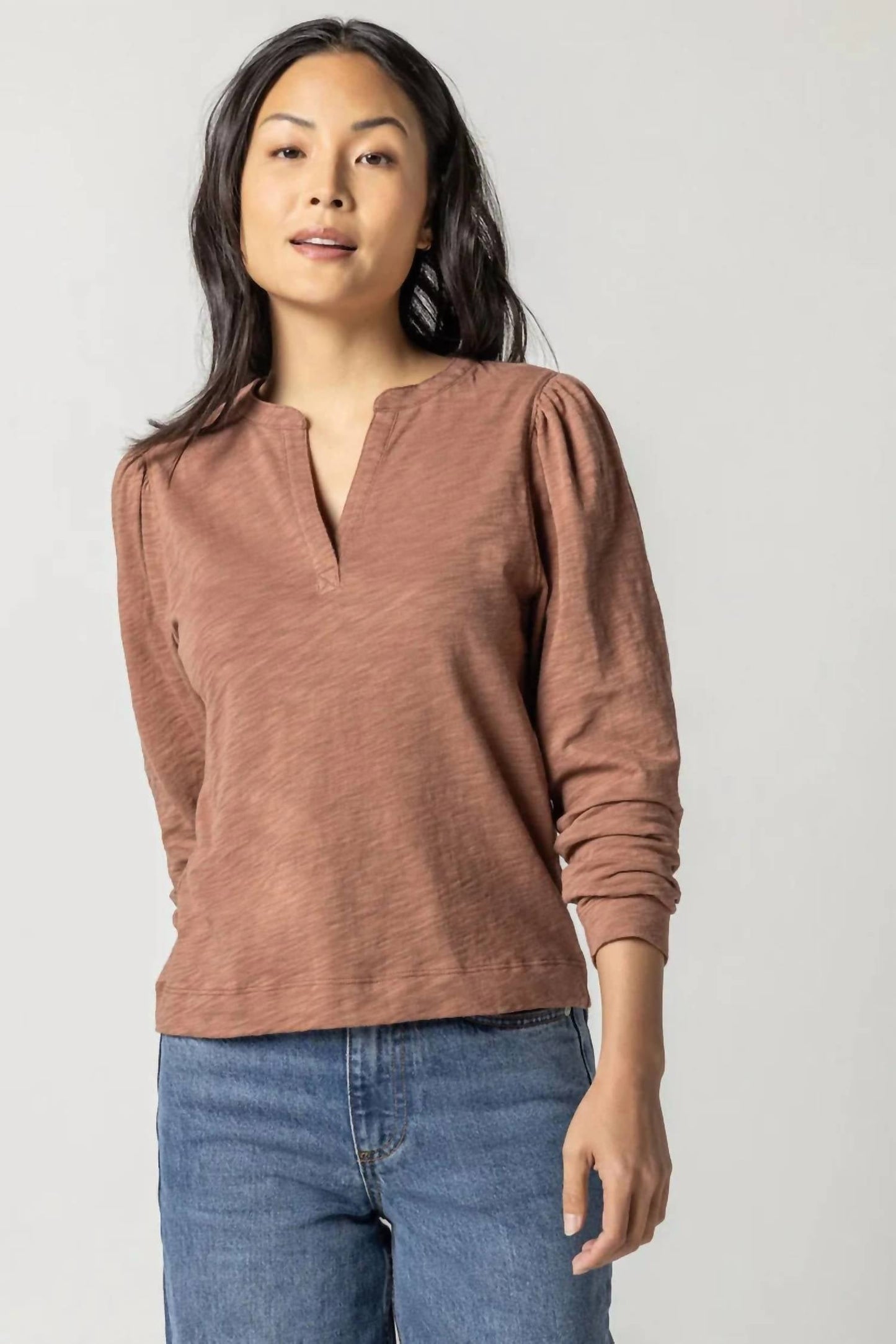 Lilla P - Shirred Long Sleeve Split Neck Top