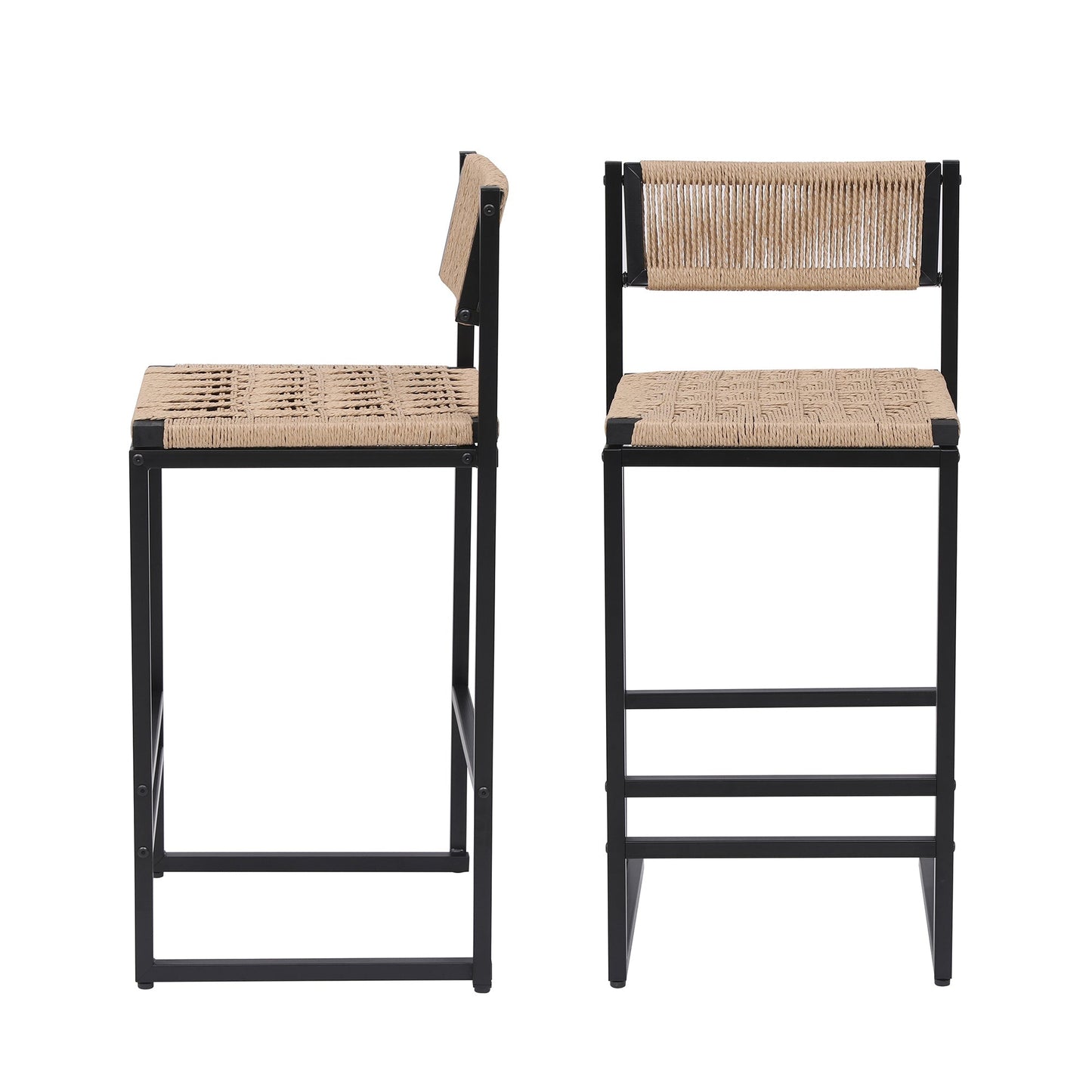 Kitchen Bar Stools with Footrest Set of 2 Paper Rope Weave Dining Chairs