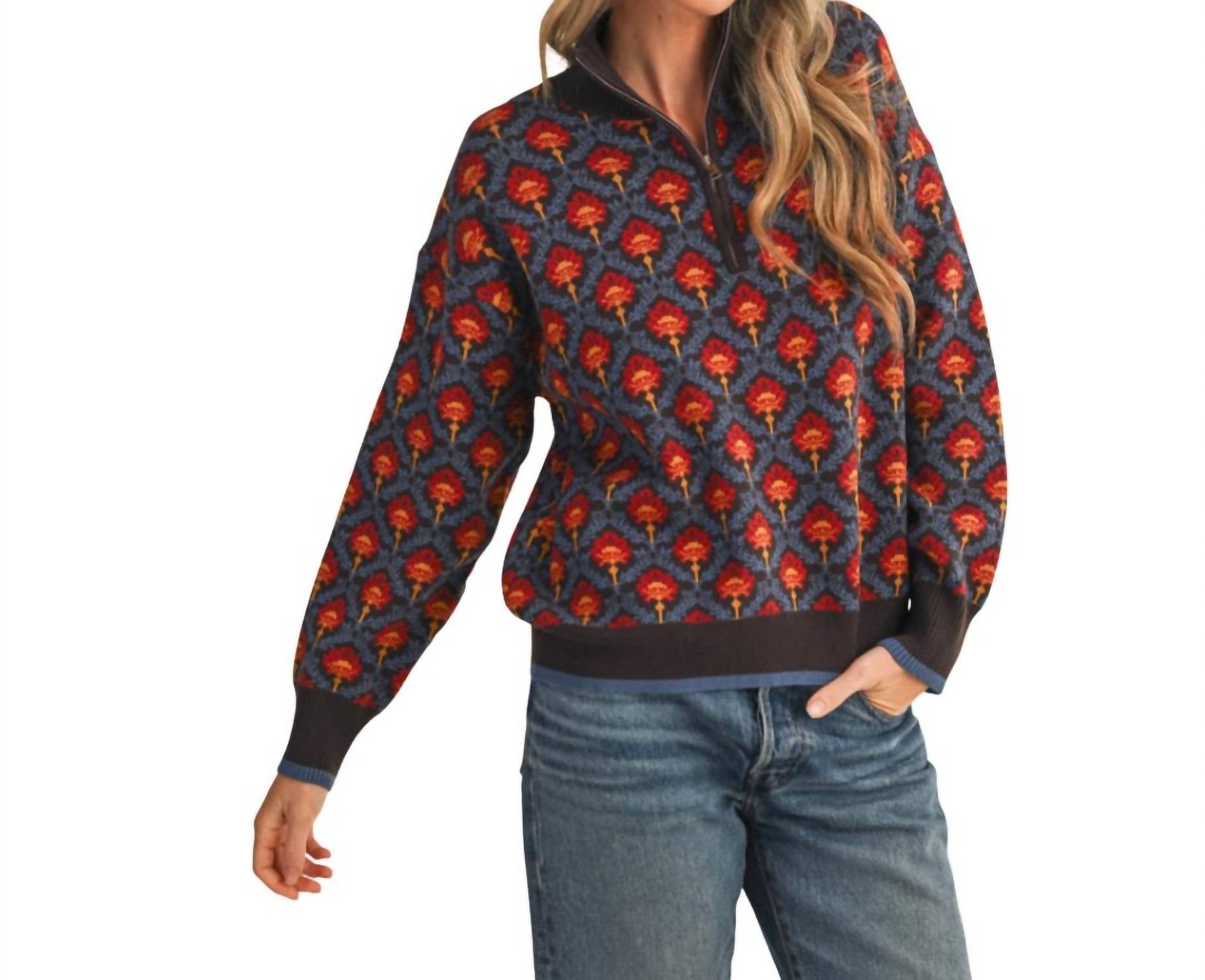 &Merci - Floral Mock Neck Half Zip Pullover
