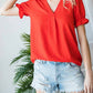 7Th Ray - V-neck Swiss Dot Ruffle Short Sleeve Blouse