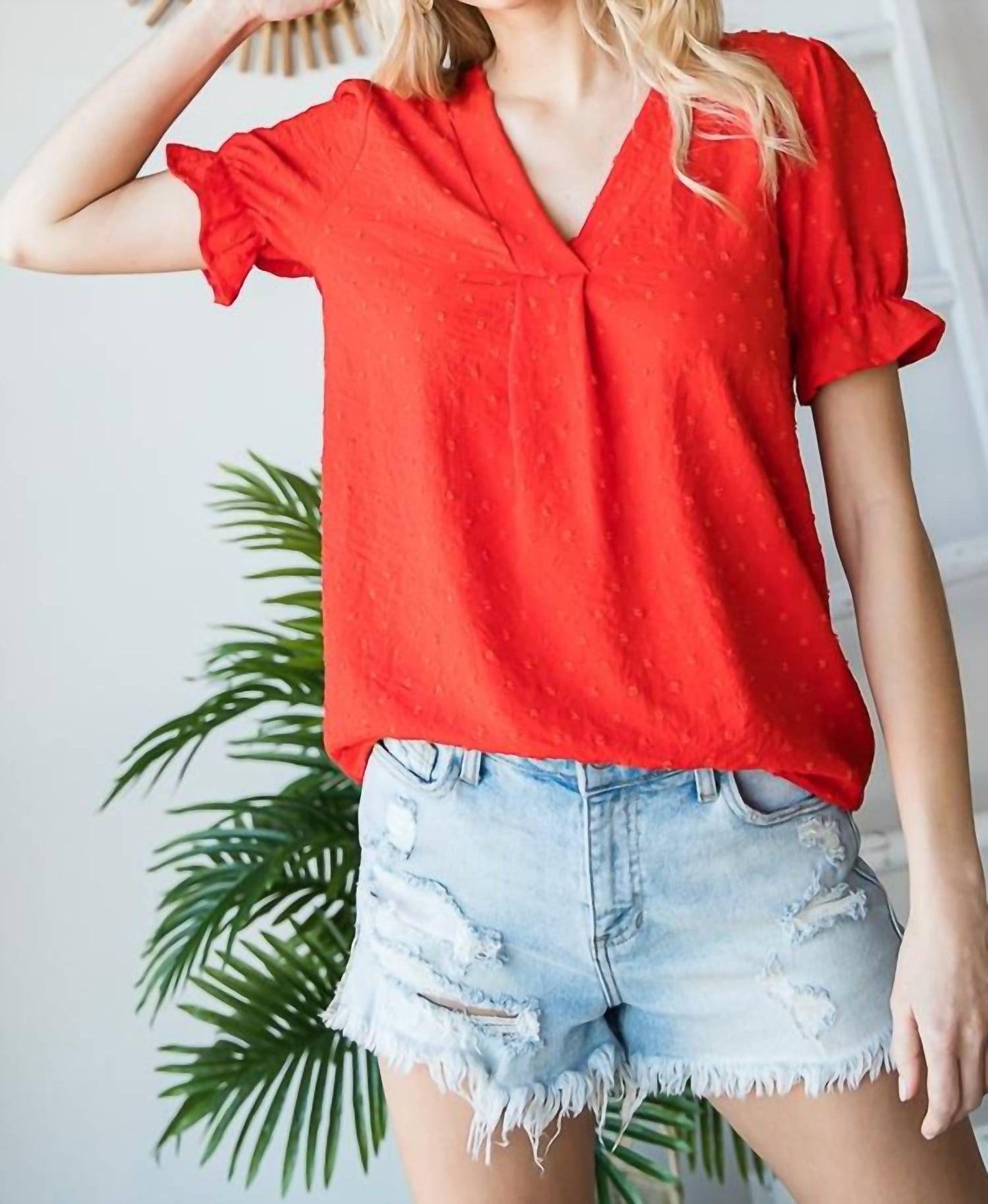 7Th Ray - V-neck Swiss Dot Ruffle Short Sleeve Blouse