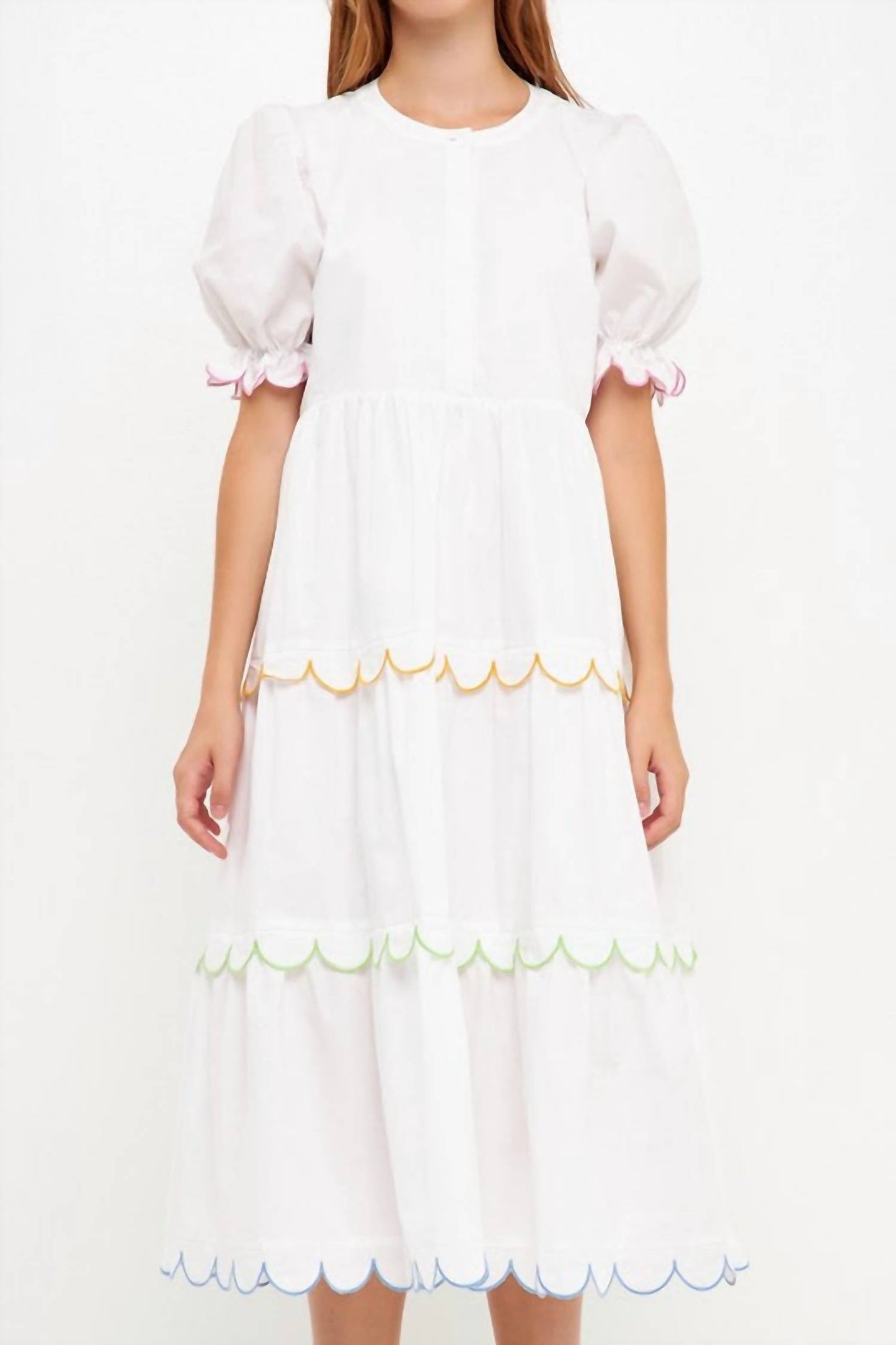 2.7 August Apparel - Scallop Edge Puffy Short Sleeve Midi Dress