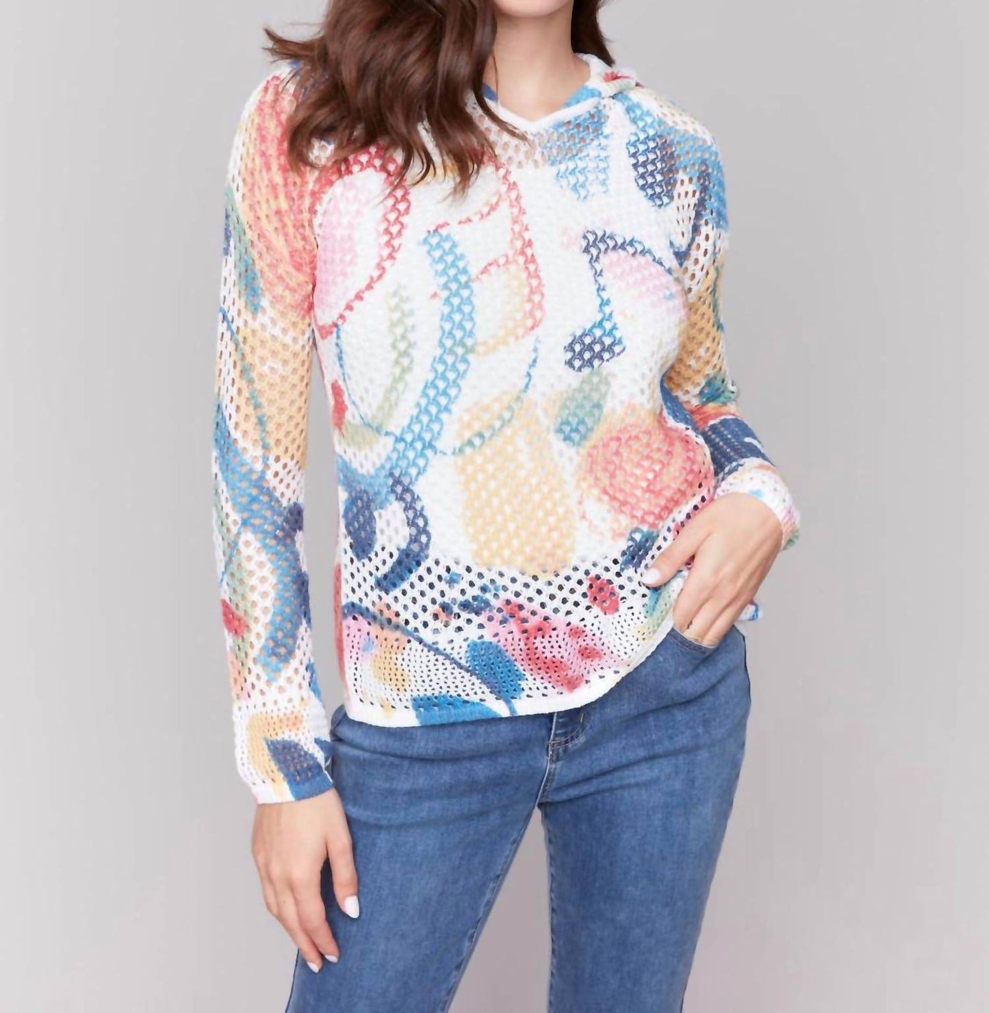 Charlie B - Printed Fishnet Crochet Hooded Sweater