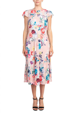 Adrianna Papell - Flutter Sleeve Soft Pleats Floral Print Midi Dress