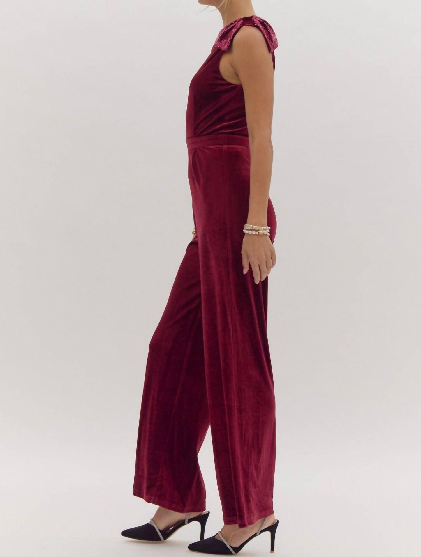 Entro - Velvet Sequin Bow Shoulder Jumpsuit