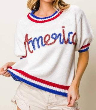 Trendsi - BiBi Metallic America Letter Short Sleeve Sweater