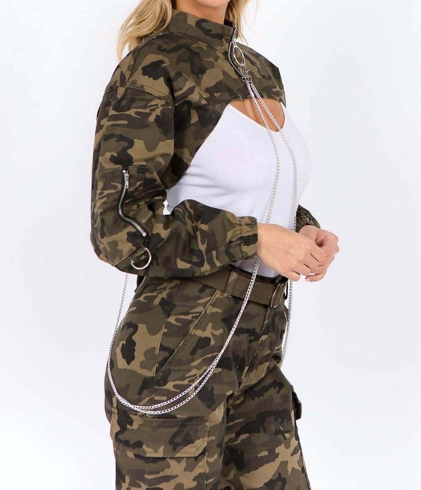 American Bazi - Camouflage Cropped Jacket With Chains