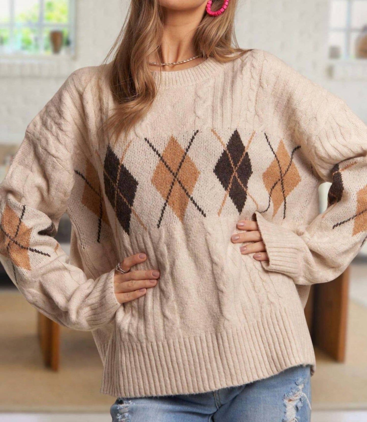 Adora - Diamond Pattern Cable Knit Sweater