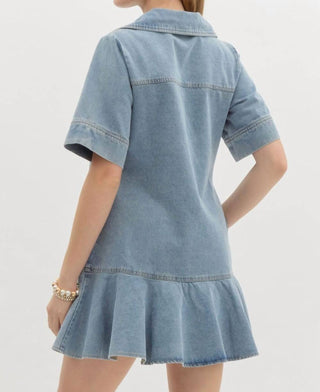 Entro - Denim V-neck Ruffled Mini Dress